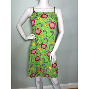 Vintage Y2K Floral Hawaiian Slip Dress Bright Green Floral Mini Sundress Small